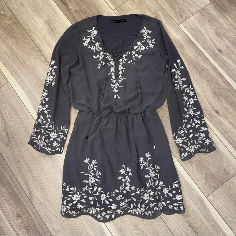 White House Black Market Gray Dress with White Floral embroidered blouson mini